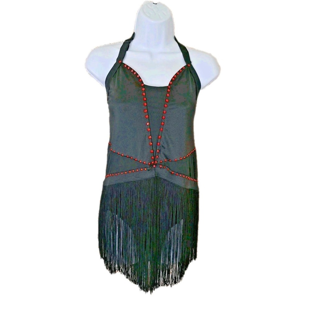 Balera Dance Costume XL Black Red Rhinestone Fringe Halter Bodysuit Strappy Back - Picture 2 of 12